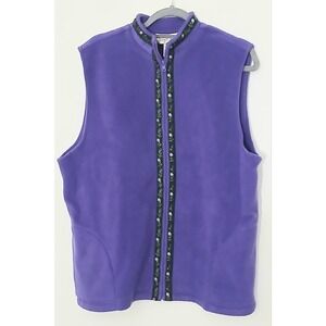 Simply Susan Graver Vest Large Purple Full Zip Fleece Floral Trim Pockets Vtg